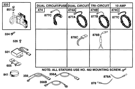 Alternator Chart, Elect Diagram and Parts List for 252707-0135-XX  Briggs and Stratton Engine